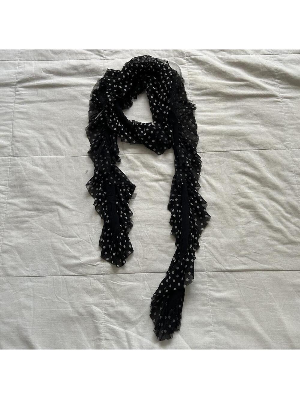 Black Polka Dot Ruffle Chiffon Scarf Sheer Layered Japan